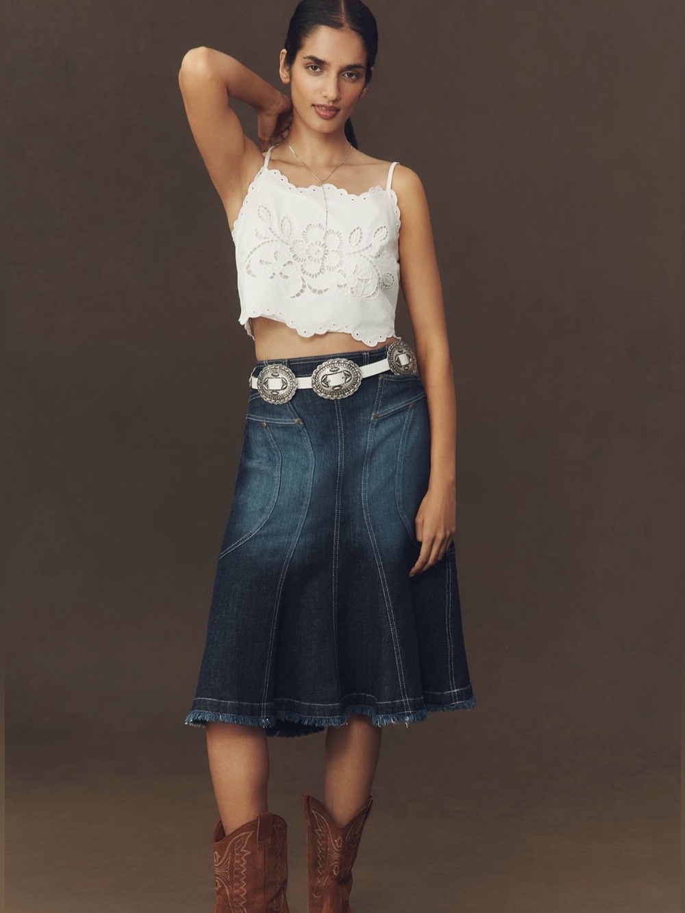 Anthropologie Pilcro Fluted Denim Midi Skirt Dark Wash Western, Women’s 14